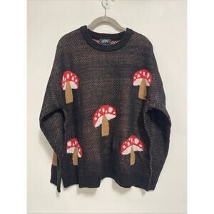 Just Polly Sweater Womens XL Black Distressed Mushroom Graphic Knit Pullover